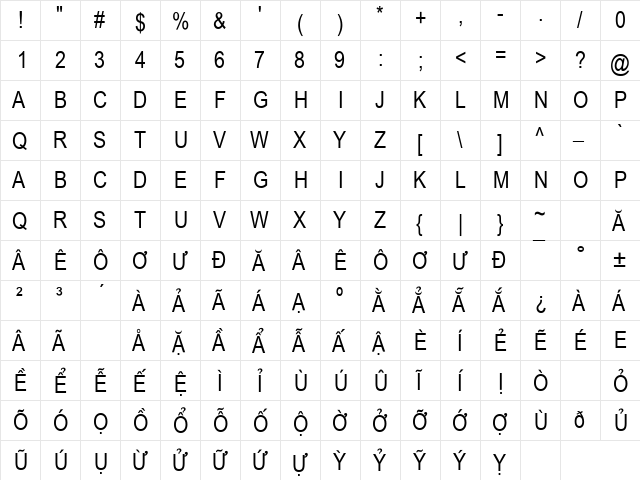 .VnArial NarrowH Regular font glyphpreview