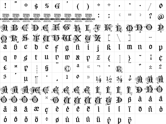 Middle Ages Deco PERSONAL USE Regular font glyphpreview