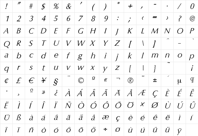 ColumbiaSerial-Light Italic font glyphpreview