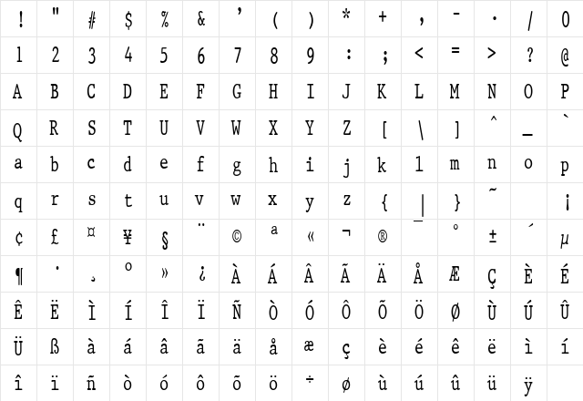PrestigeCondensed Regular font glyphpreview