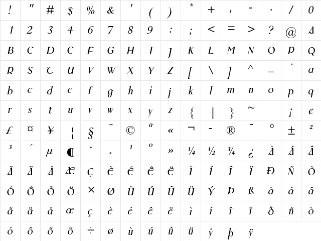 Colmcille MT Std Italic font glyphpreview