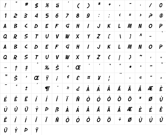 SF Slapstick Comic Oblique font glyphpreview