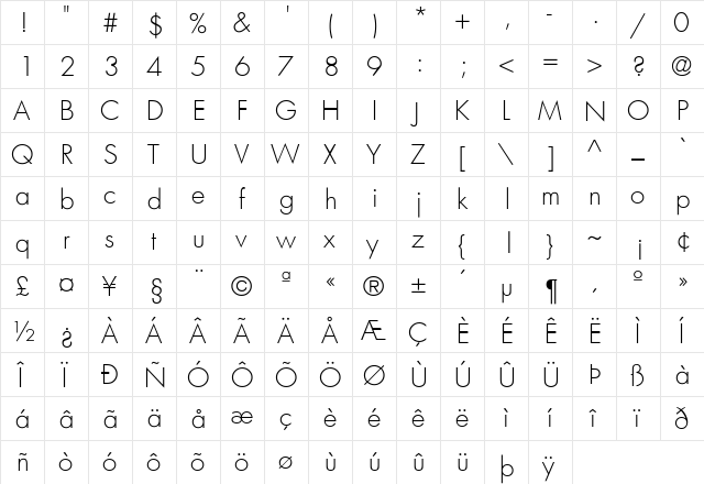 Futura-Light Regular font glyphpreview