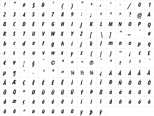 DaxCondensed-BoldItalic Regular font glyphpreview