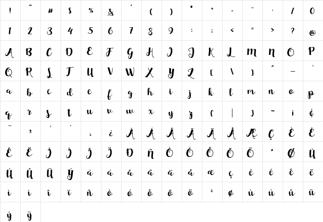 Sunset Script Regular font glyphpreview