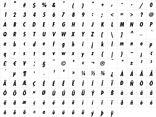 Futura LT Condensed Bold Oblique font glyphpreview