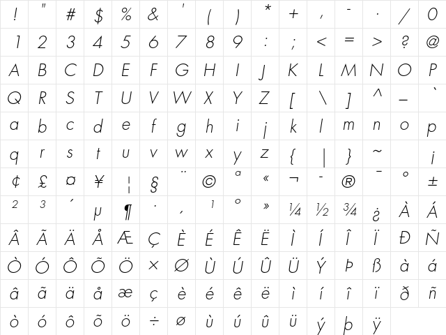 Futura Std Light Oblique font glyphpreview