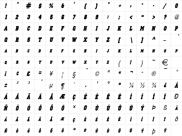 PrincetonSolidCondensed Italic font glyphpreview