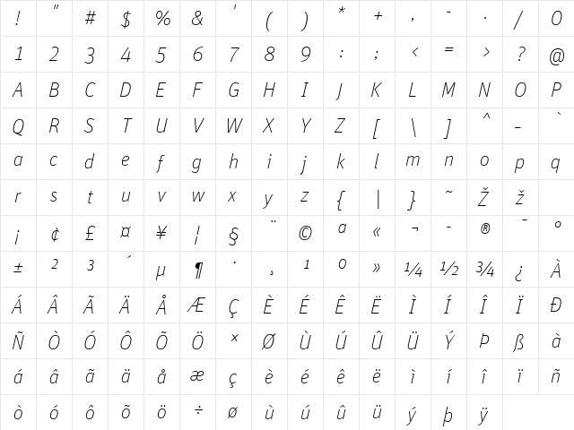 Unit-ThinItalicTF Regular font glyphpreview