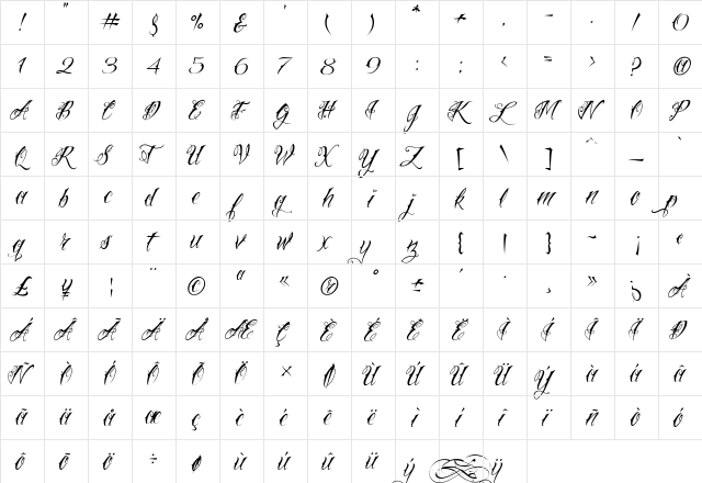 Vtc-NueTattooScript Regular font glyphpreview