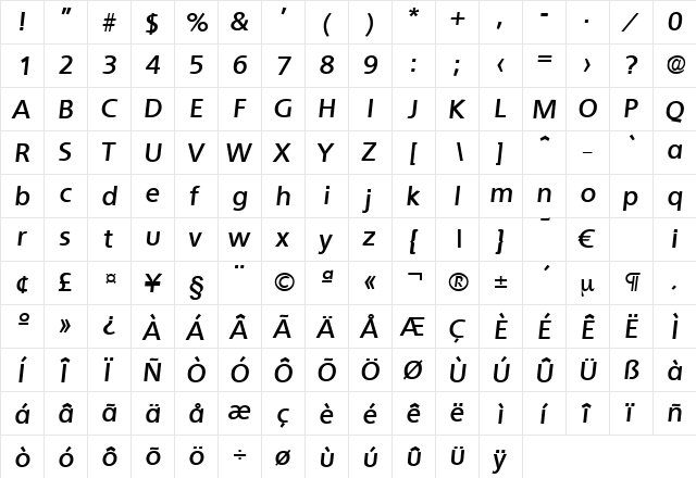 Quebec-DemiBoldIta Regular font glyphpreview