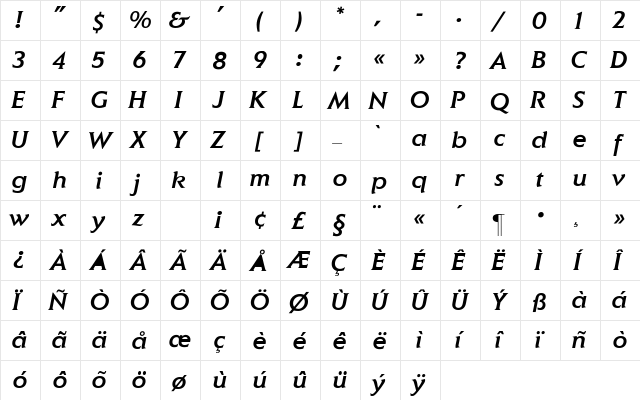 Elan-MediumItalic Regular font glyphpreview