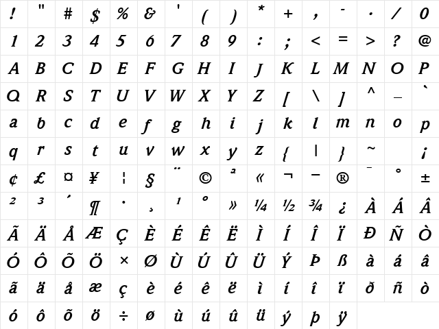 QuintessenceSSK BoldItalic font glyphpreview