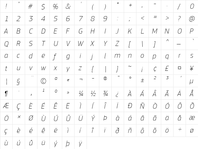 PF Square Sans Pro Thin Italic font glyphpreview