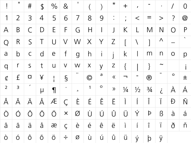 Frutiger LT Com 45 Light font glyphpreview