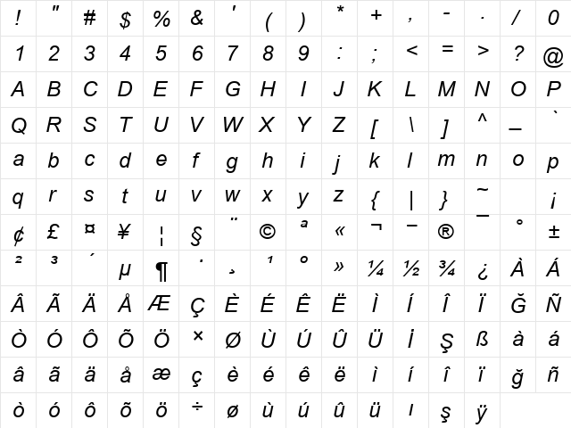 TR Arial Italic font glyphpreview