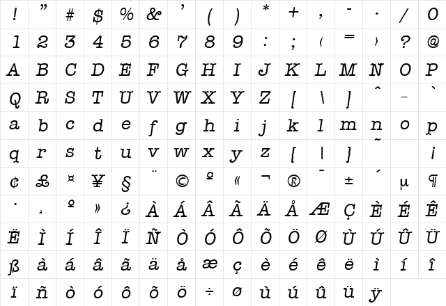 Typewriter-Serial DB RegularItalic font glyphpreview