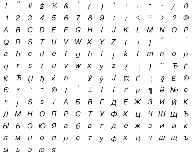 PragmaticaWINCTT Italic font glyphpreview