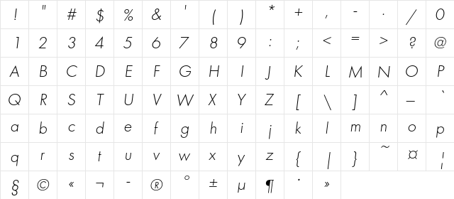 FuturaLightC Italic font glyphpreview
