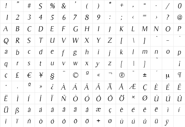 SigvarSerial-Xlight Italic font glyphpreview