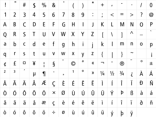 Frutiger LT Com 57 Condensed font glyphpreview