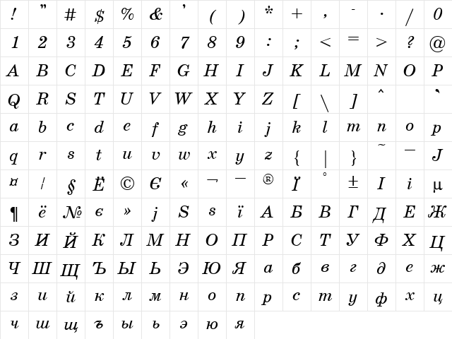 Shkolnaya Italic font glyphpreview