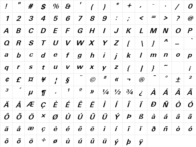 Unique Light BOLDITALIC font glyphpreview