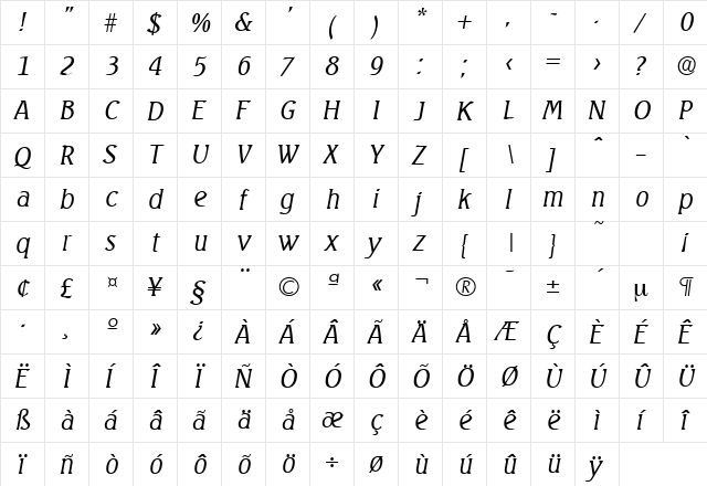 Seagull-Serial-Light RegularItalic font glyphpreview