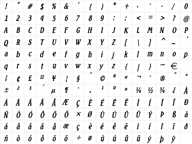 BeachCondensed BoldItalic font glyphpreview