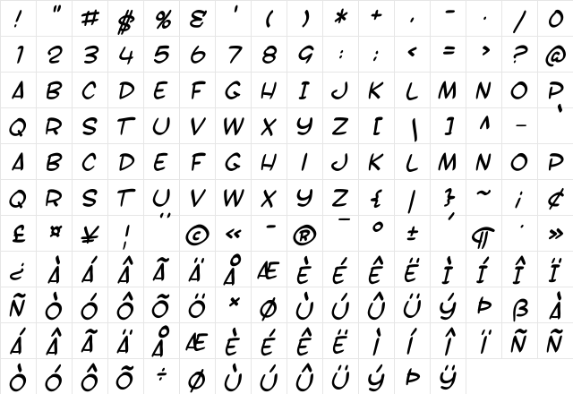 SF Toontime B Italic font glyphpreview