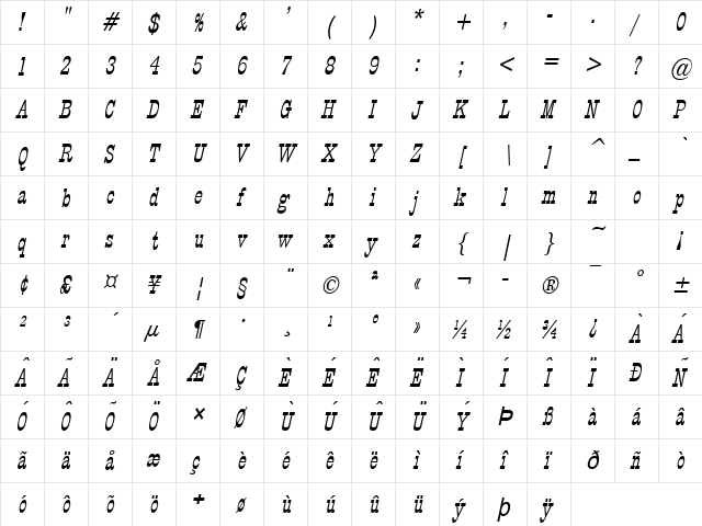 Circus Thin Italic font glyphpreview