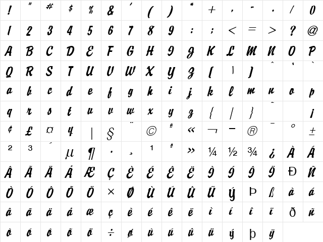 Brisk Extended Italic font glyphpreview