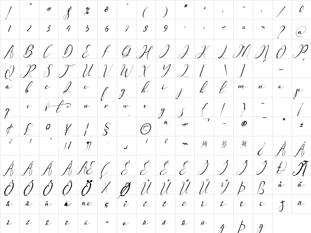 Pretty Willie Italic font glyphpreview