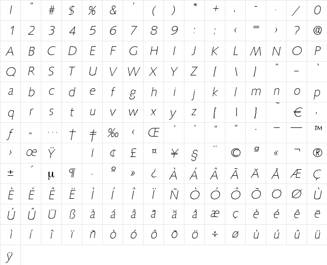Saxony-XlightIta Regular font glyphpreview