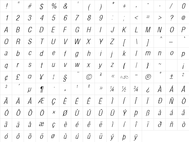 Arena Cond Light Italic font glyphpreview