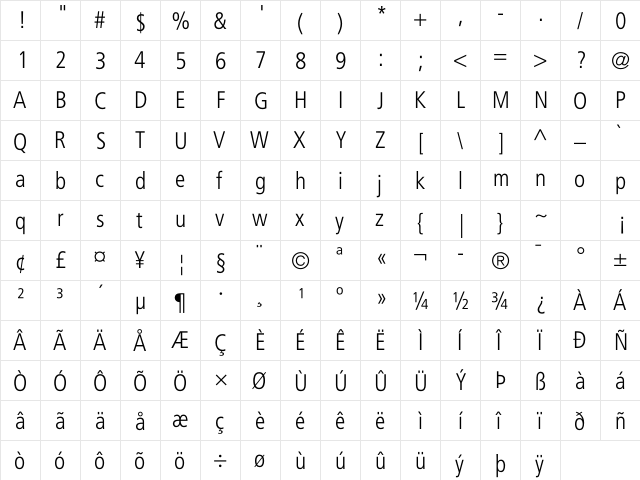 Frutiger LT Com 47 Light Condensed font glyphpreview