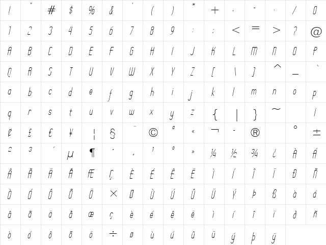 Operator Nine BTN Lt Oblique font glyphpreview