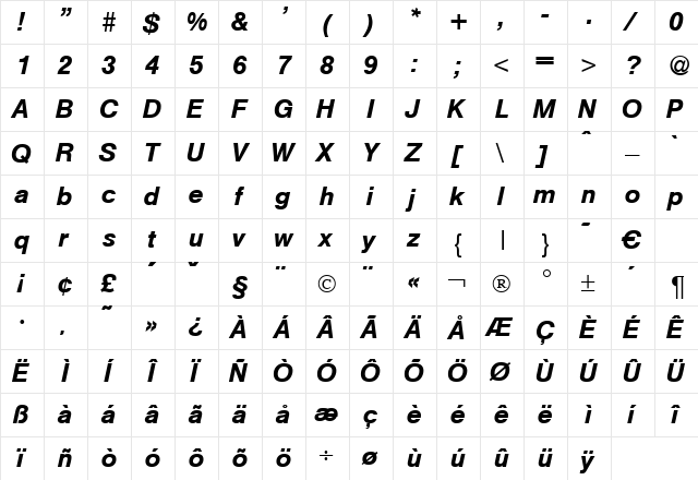 Helmet BoldItalic font glyphpreview