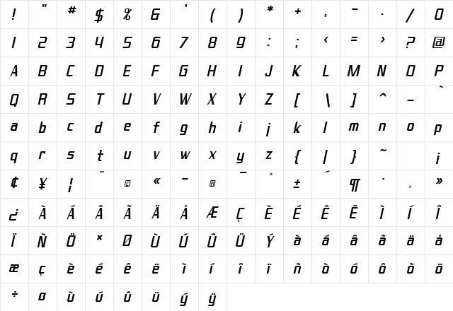 SF Theramin Gothic Condensed Oblique font glyphpreview