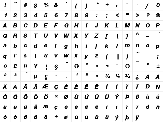 NimbusSanNovTHea Italic font glyphpreview