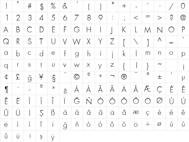 FuturaLight Regular font glyphpreview