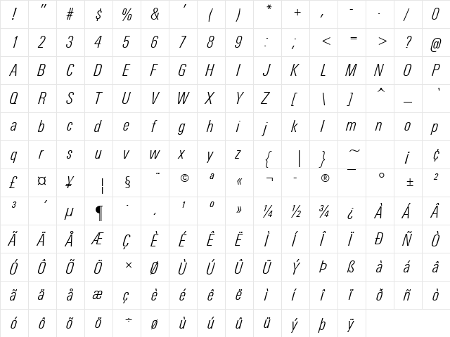 Univers Light Condensed Italic font glyphpreview