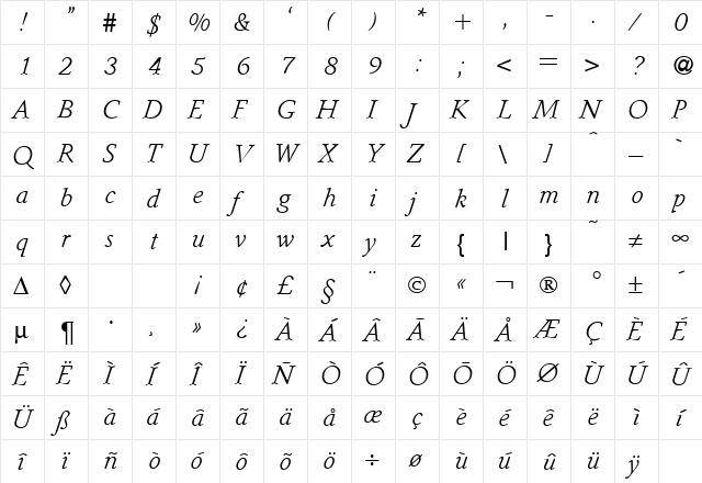 SenateLight RegularItalic font glyphpreview