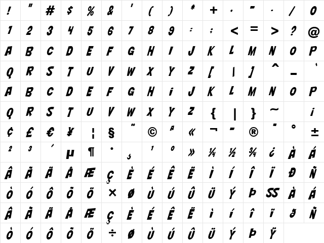 Nightclub BTN Cn Oblique font glyphpreview