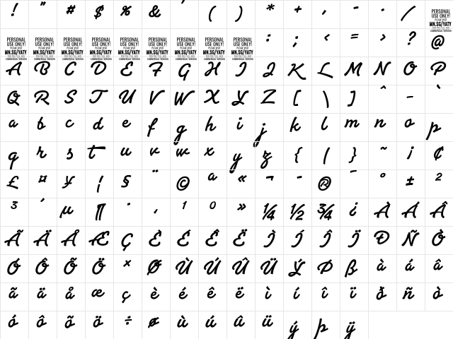 Yaty PERSONAL USE ONLY Regular font glyphpreview