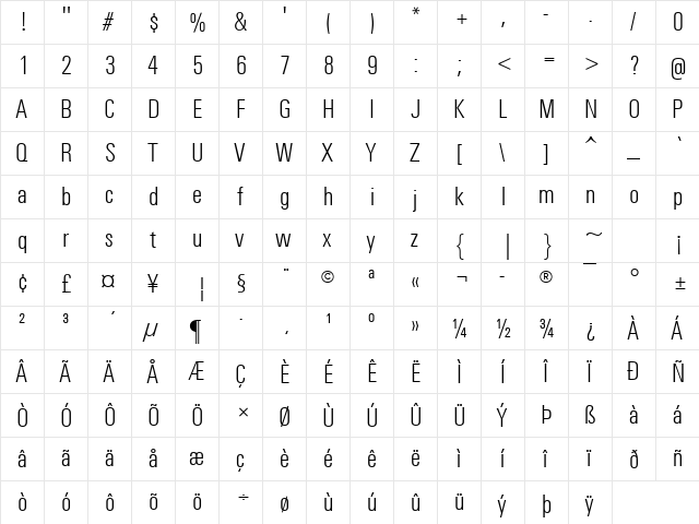 Univers Light Condensed Regular font glyphpreview