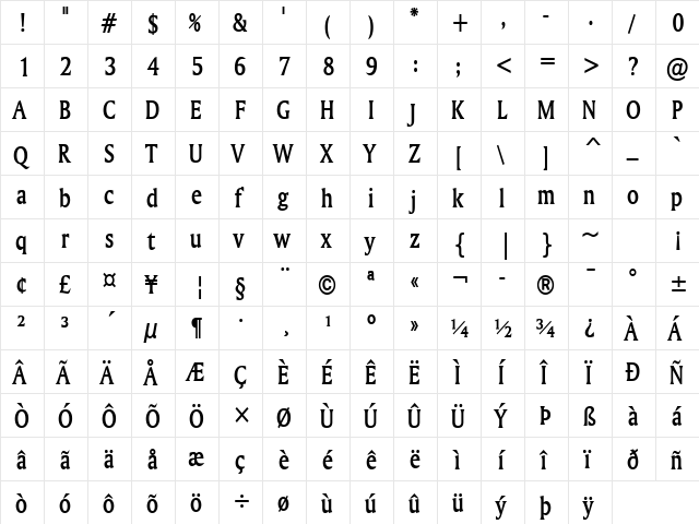 Ameretto Condensed Bold font glyphpreview