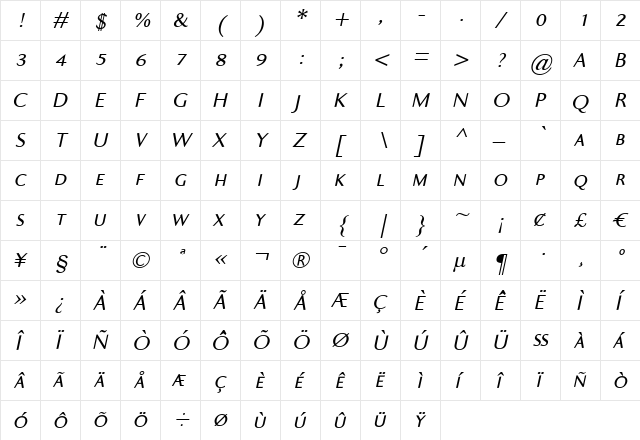 Ela Sans Plain Caps Italic font glyphpreview