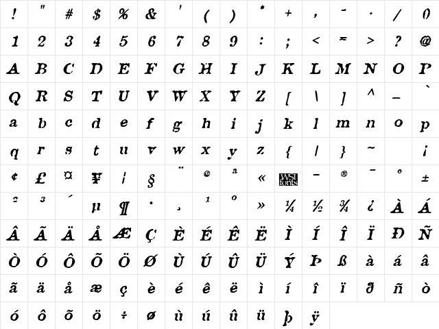 Brunine BoldItalic font glyphpreview