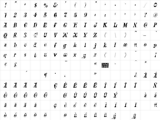 Frilly Italic font glyphpreview